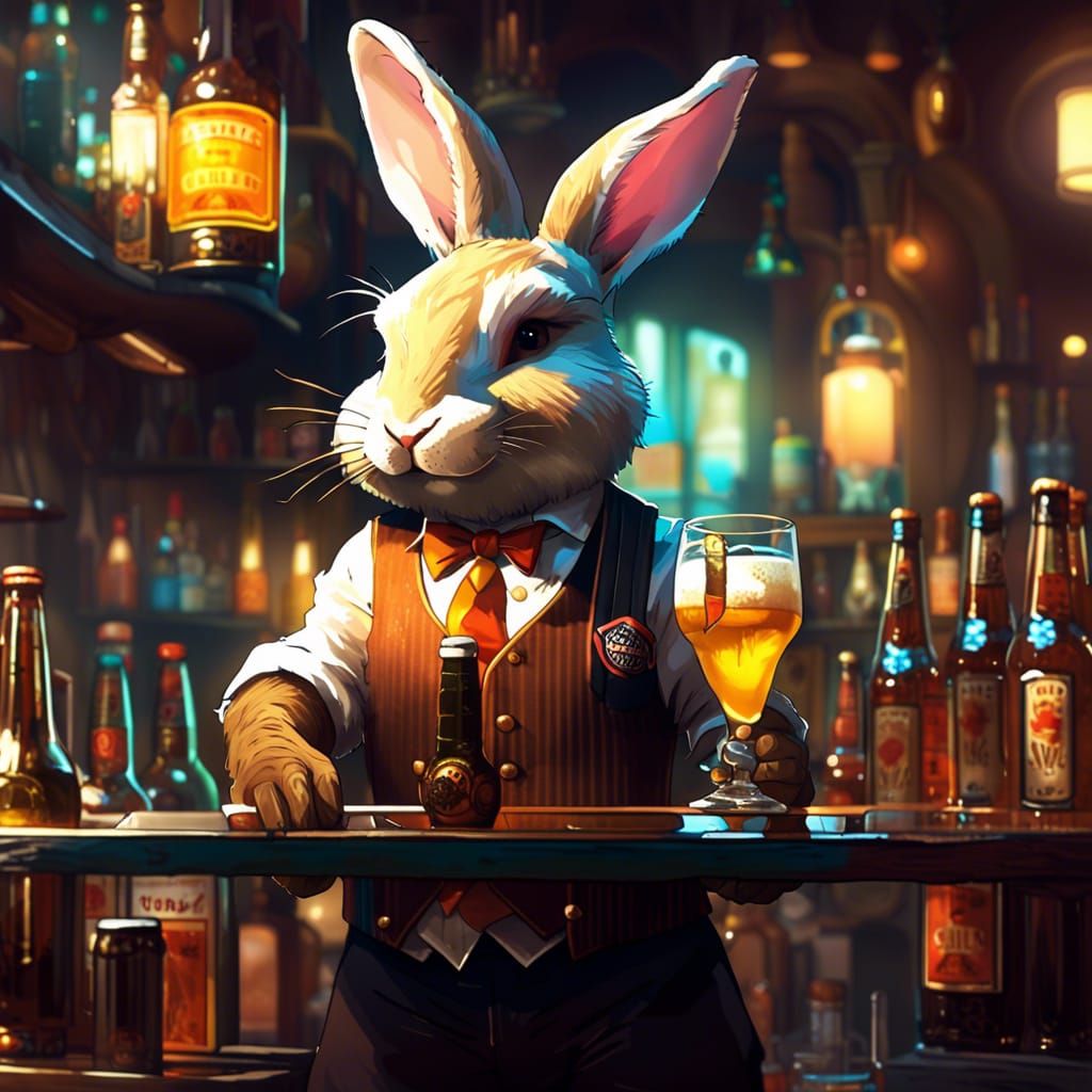 Bunny Bartender Serving Beers: Digital Art