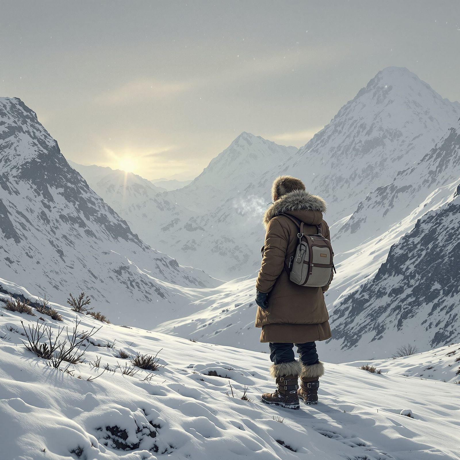 Solitary Traveller in Snowy Mountain Landscape