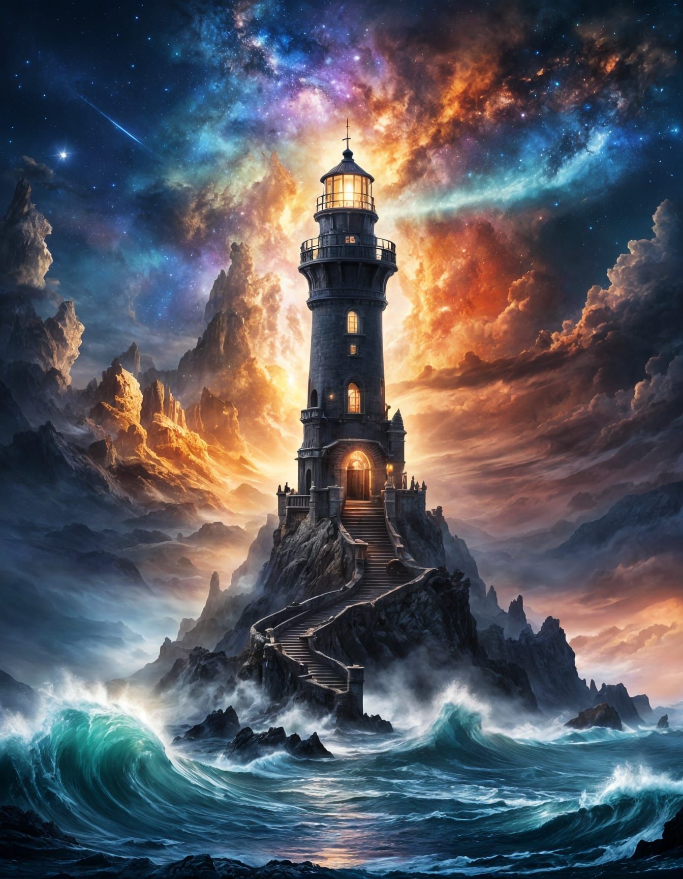 Obsidian Lighthouse Fantasy Scene Under Starry Nebula