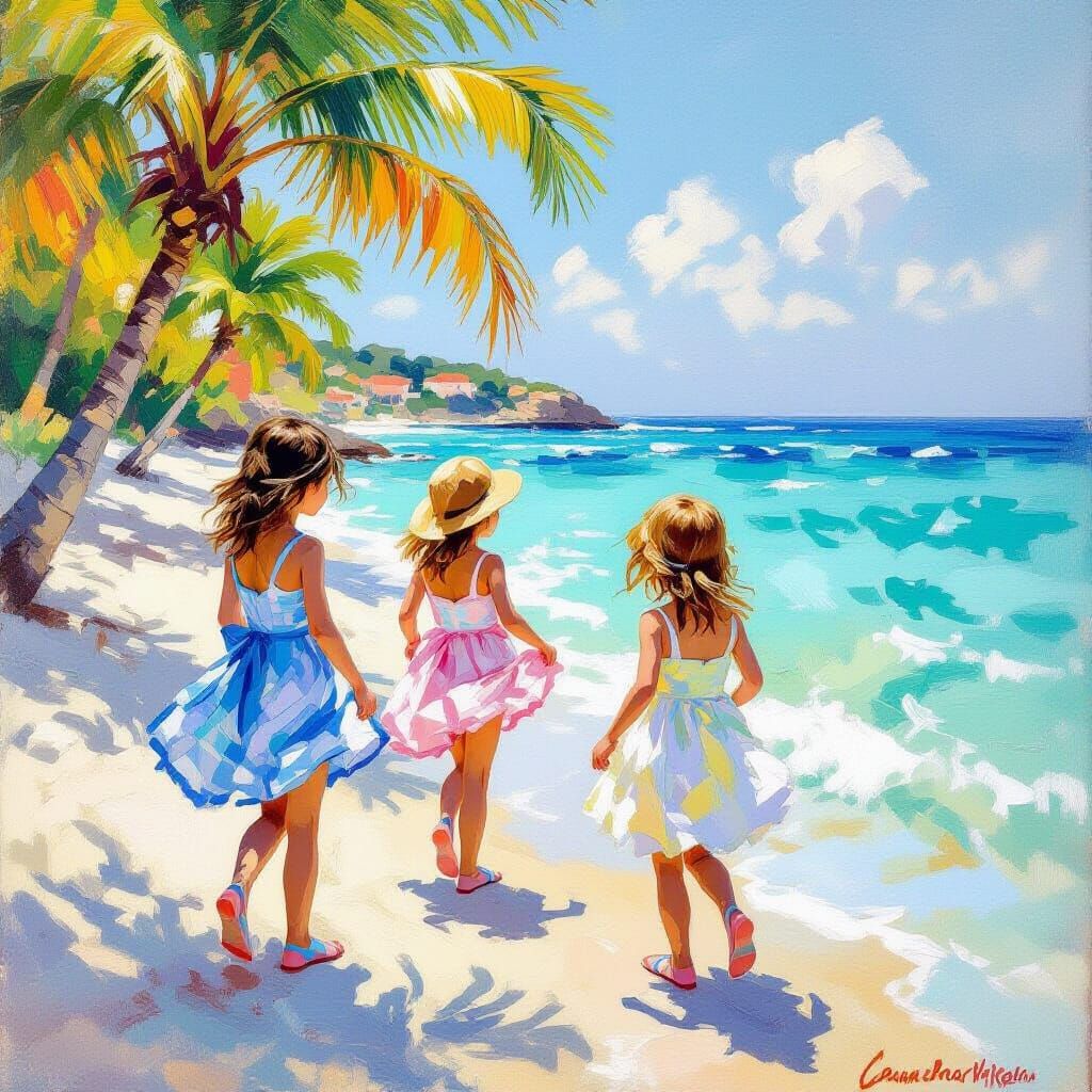 Girls Play on Sunny Beach in Impressionist Style