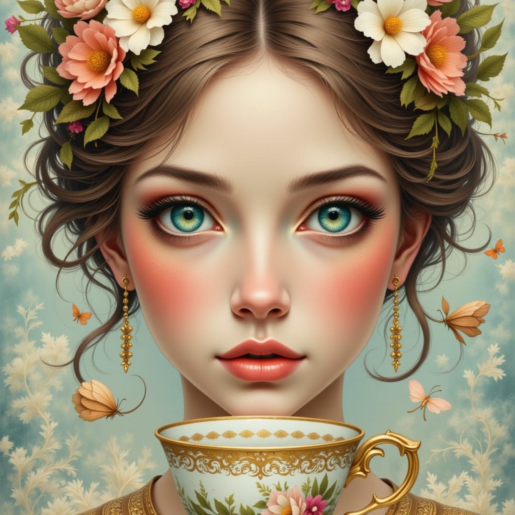 Portrait of Woman with Teacup in Art Nouveau Style