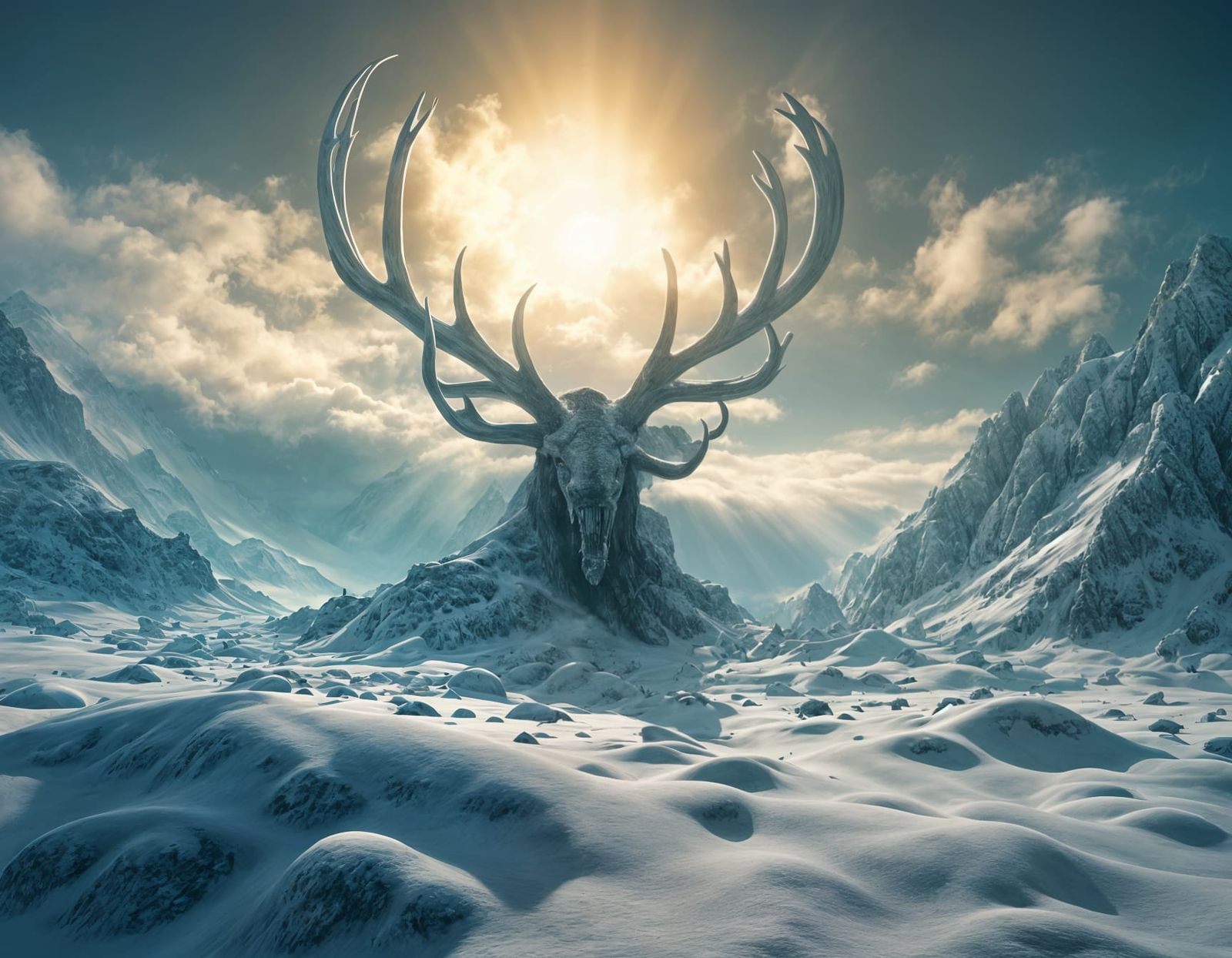 Surreal Antler Creature Dominates Snowy Mountainscape