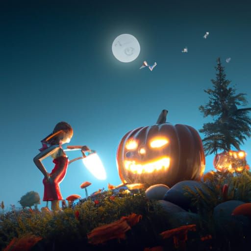 Girl Buries Pumpkin Under Evil Moon in Hyperrealism