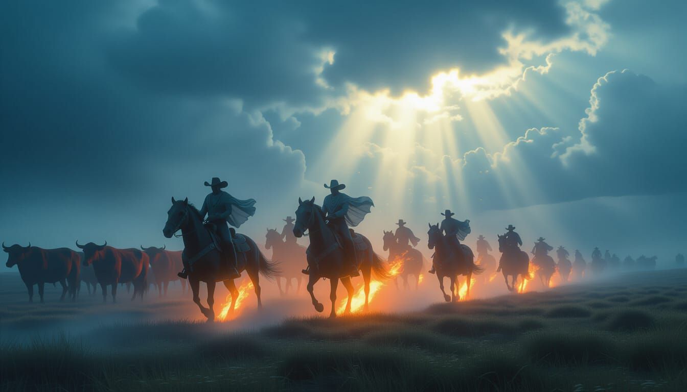 Ghostly Cowboys on Flaming Horses in Ethereal Sky