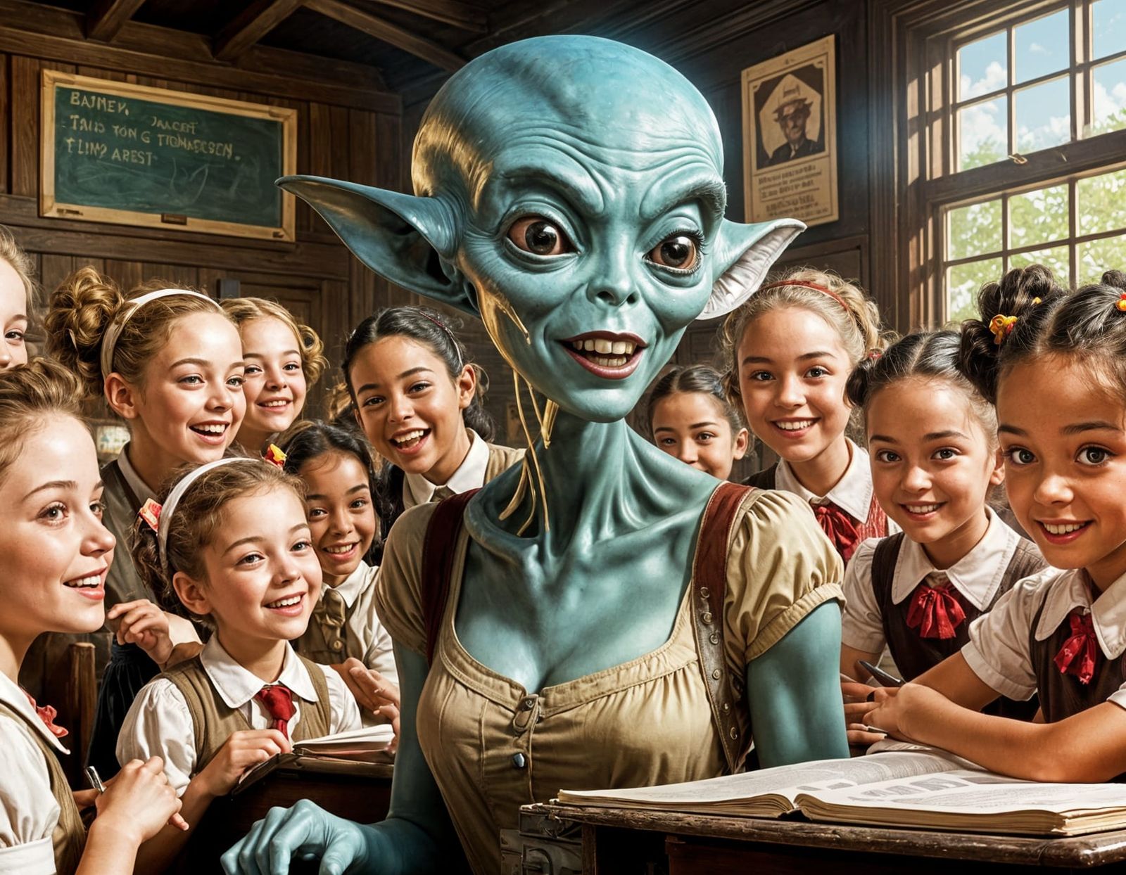 Alien Teacher in Old Schoolhouse, Digital Illustration