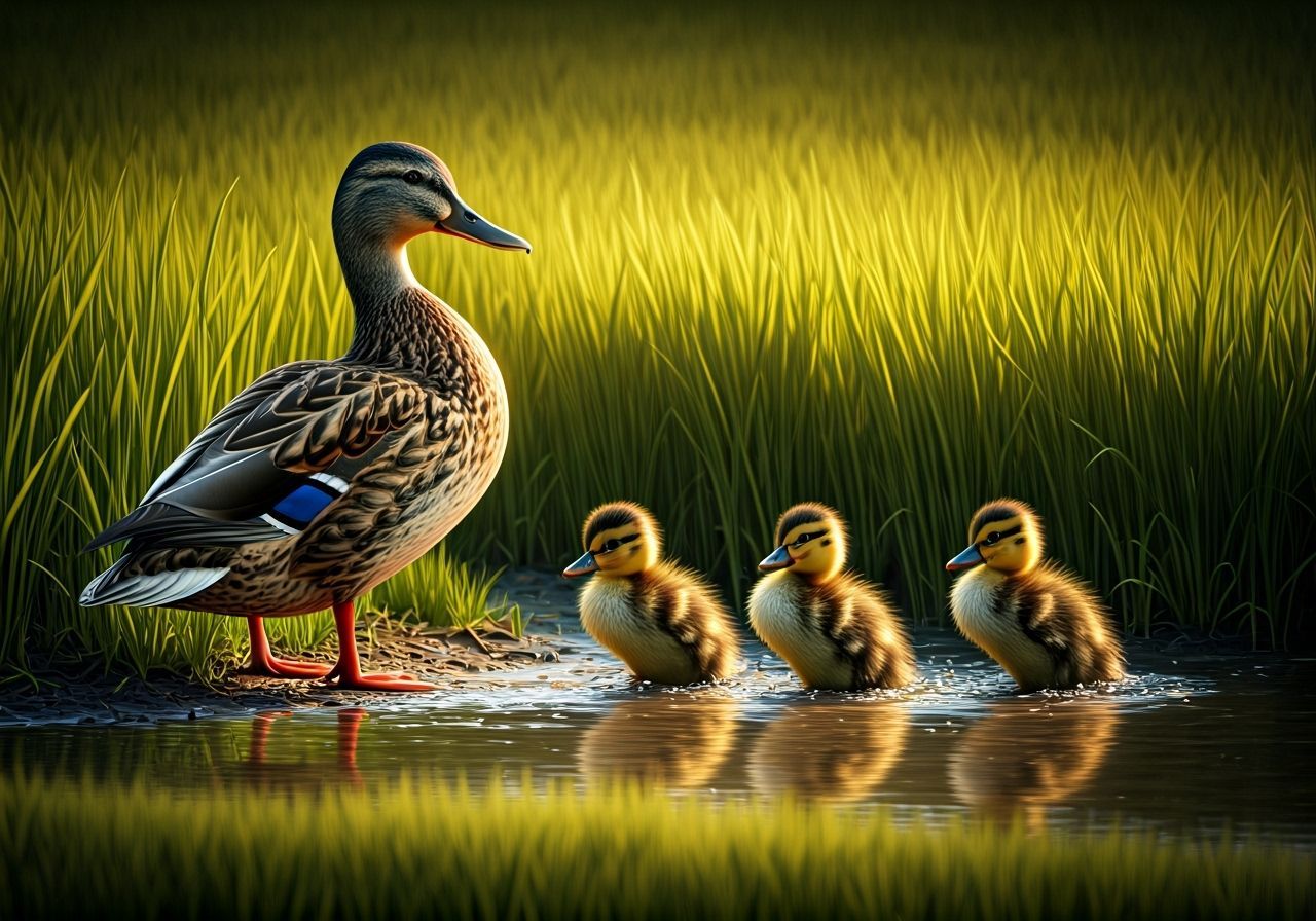 Mallard Family Fun in Golden Hour Light