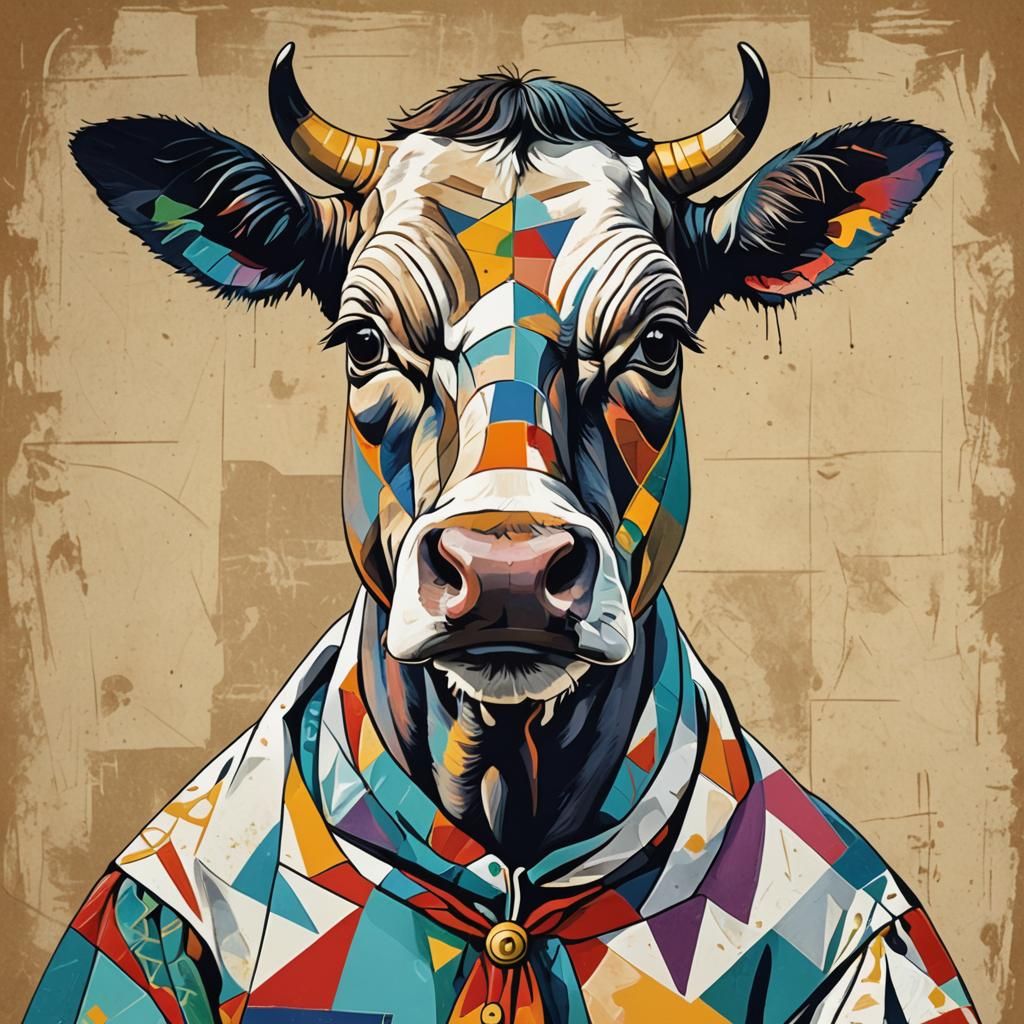 Cow Portrait in 1800s Dress, Picasso Style