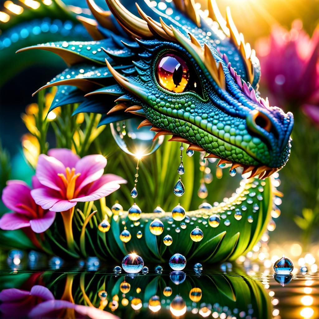 Dragon Reflection in Dewdrop: Photorealistic Macro