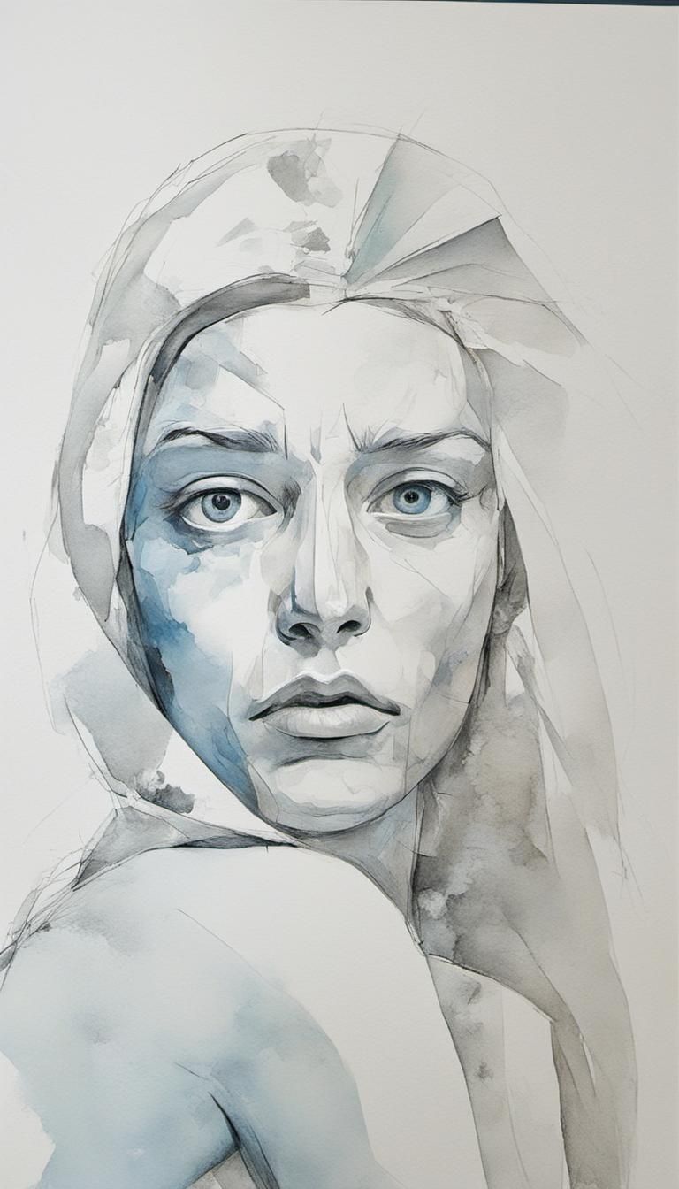 Melancholic Female Portrait in Cubist Style