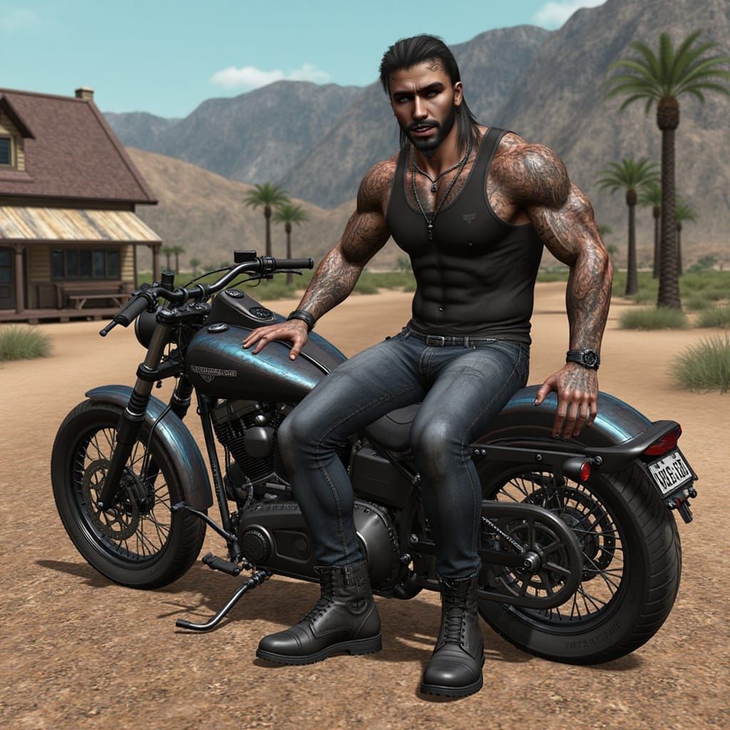 Biker in Desert Wasteland on Harley Davidson