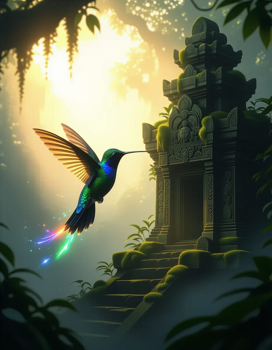 Hummingbird Hovering Near Ancient Temple in Mystical Fog