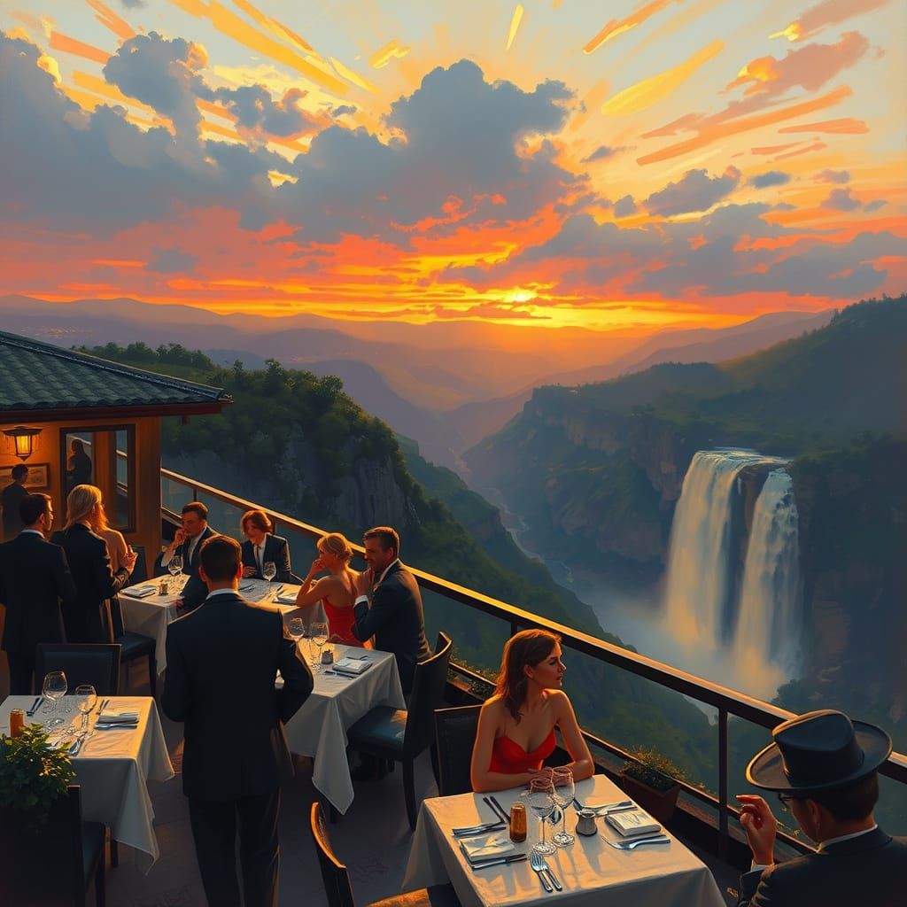 Rooftop Restaurant Overlooking Valley at Sunset