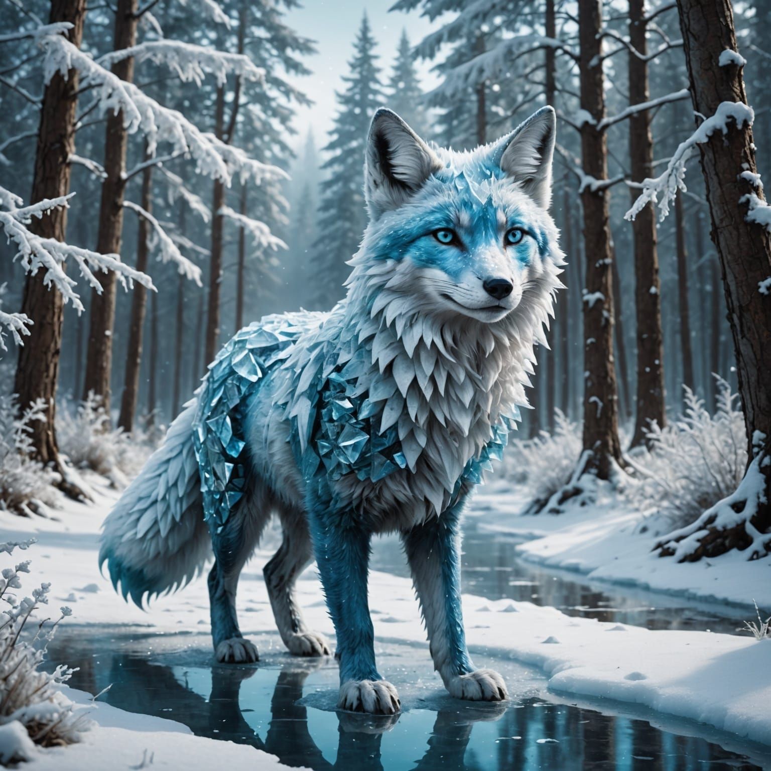 Majestic Ice Fox in Snowy Forest, Detailed Matte Painting