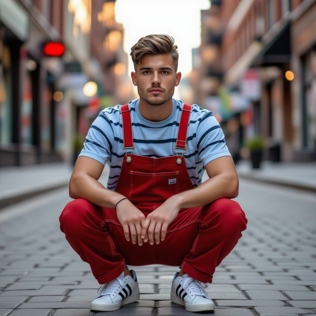 Man in Striped Shirt and Denim Overalls, DSLR Shot