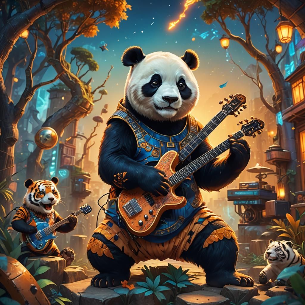 Panda and Tiger Rock Band in Fantasy Art