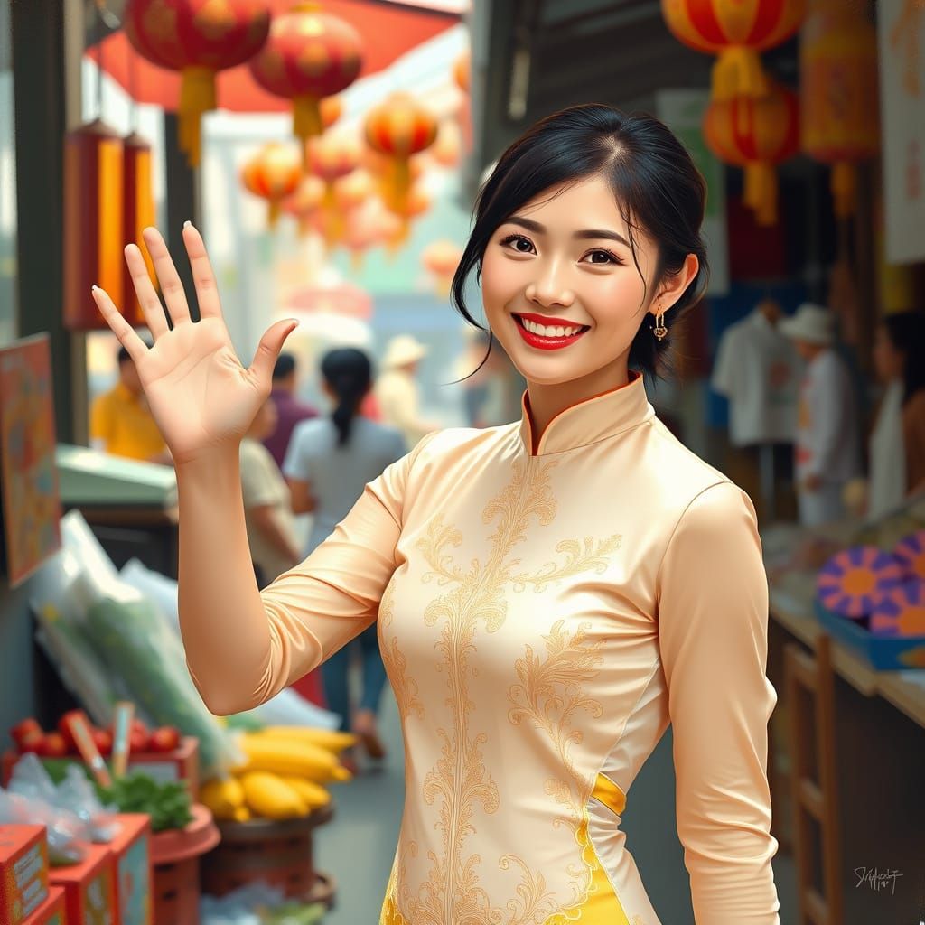 Smiling Woman Waving in Vietnamese Market