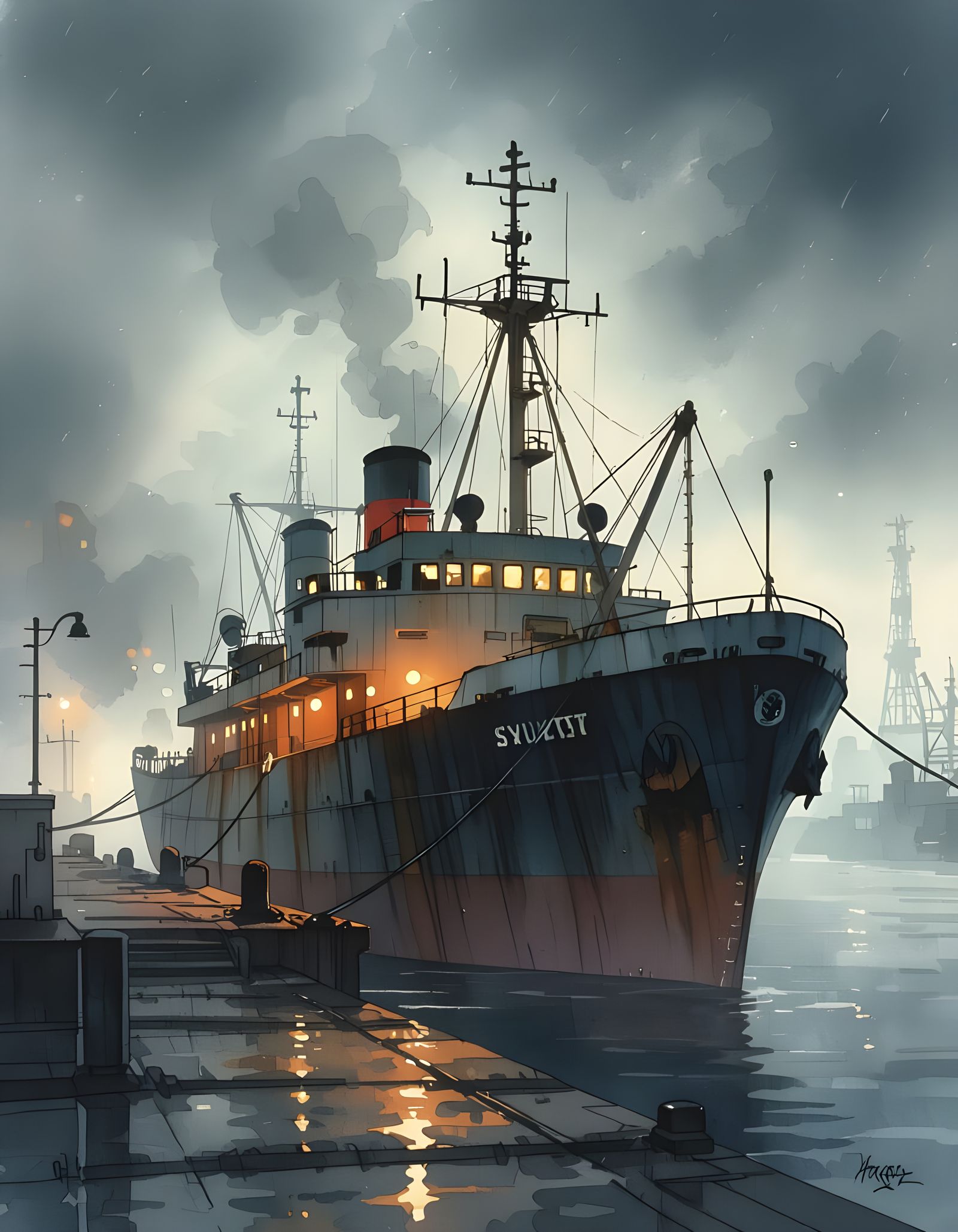 Cinematic Comic Art: Foggy Freighter at Industrial Marina