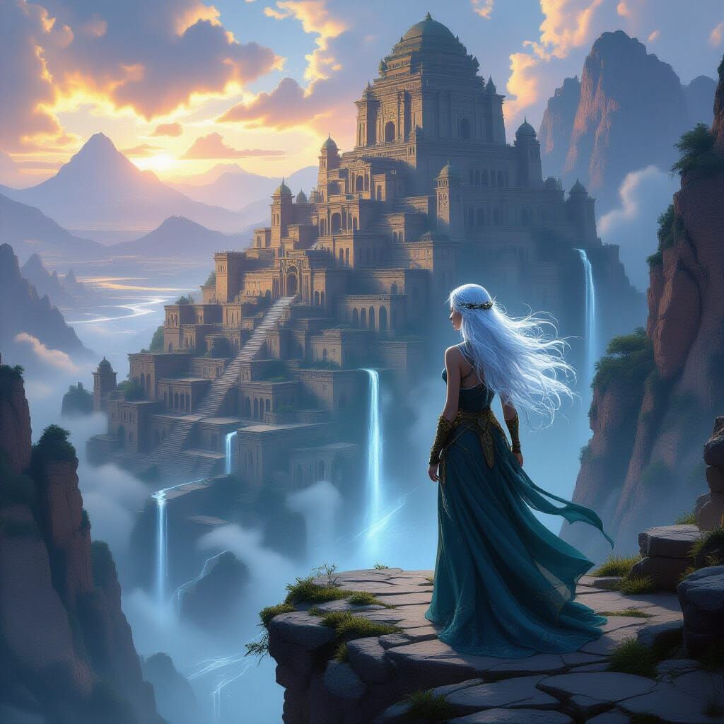 Starlit Woman Overlooking Ancient Mountain City