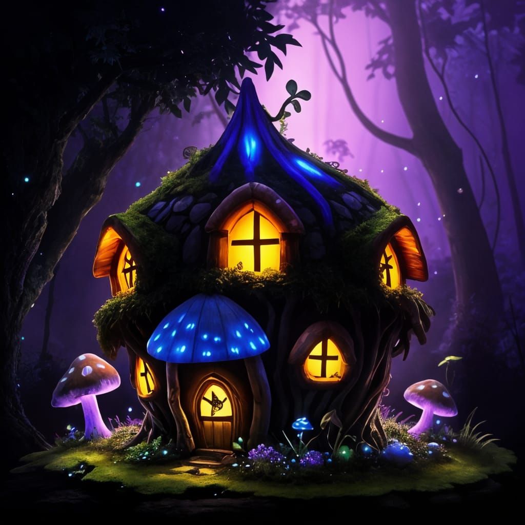 Fairy Mushroom House in Bioluminescent Forest