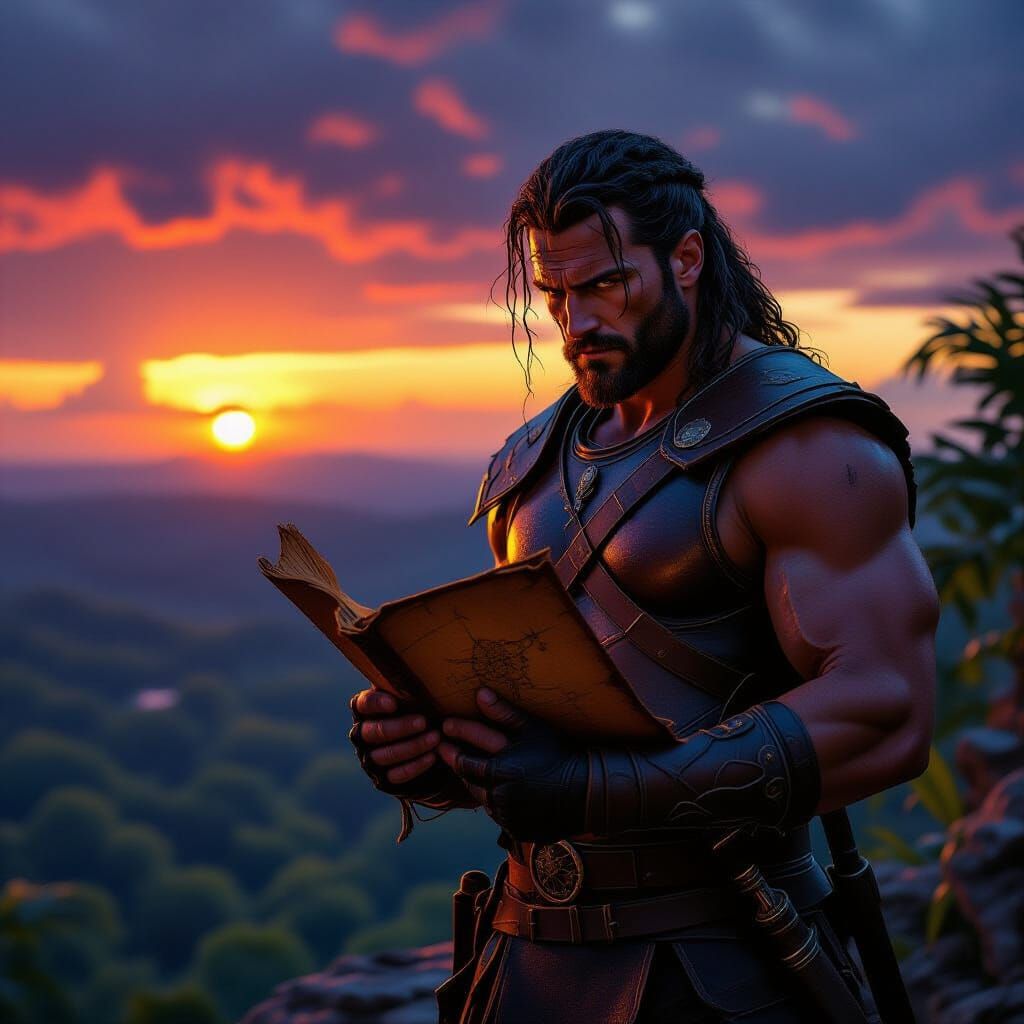 Warrior on Cliff Overlooking Jungle at Sunset