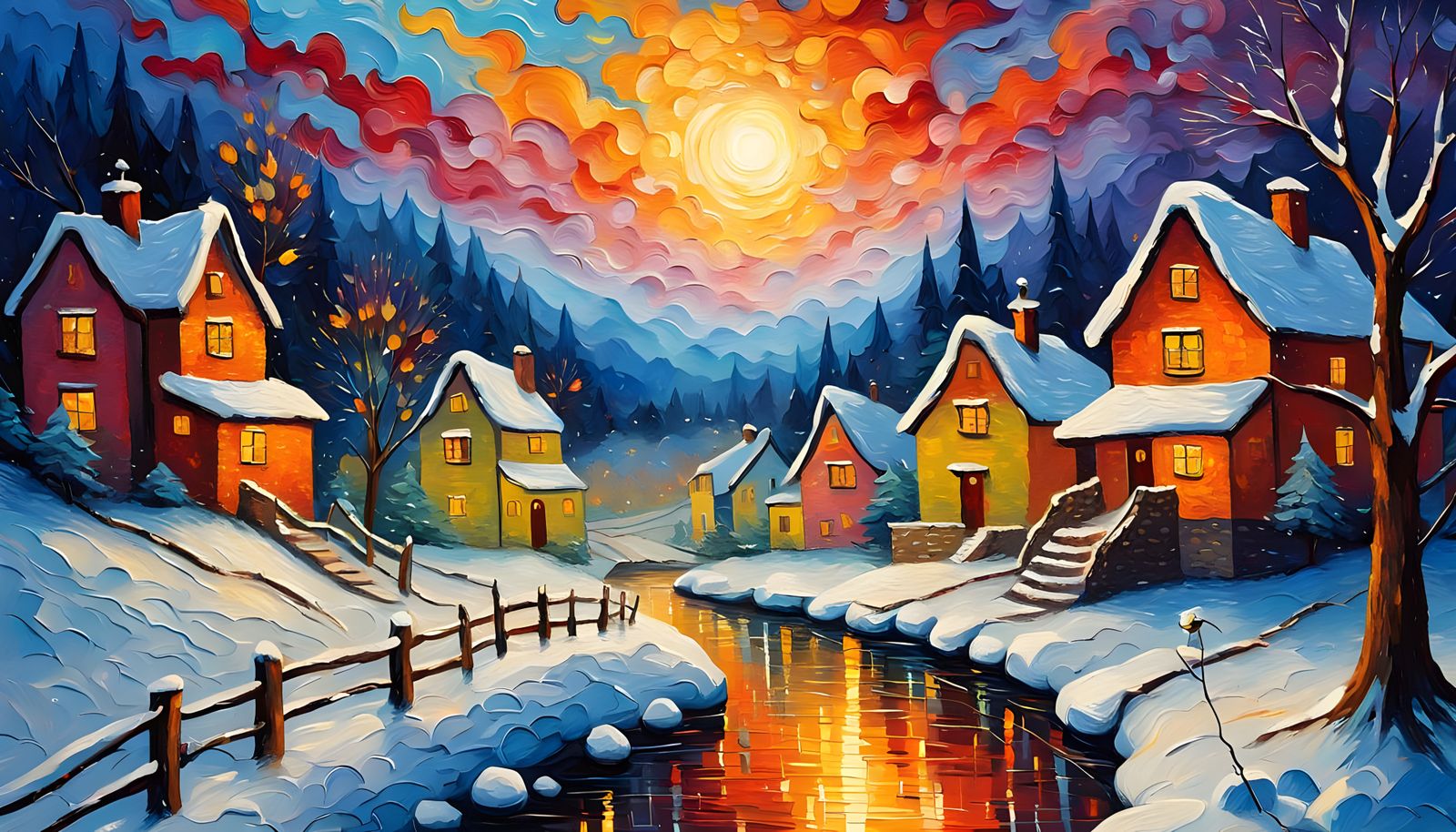 Magical Christmas River Scene in Neo-Impressionist Style
