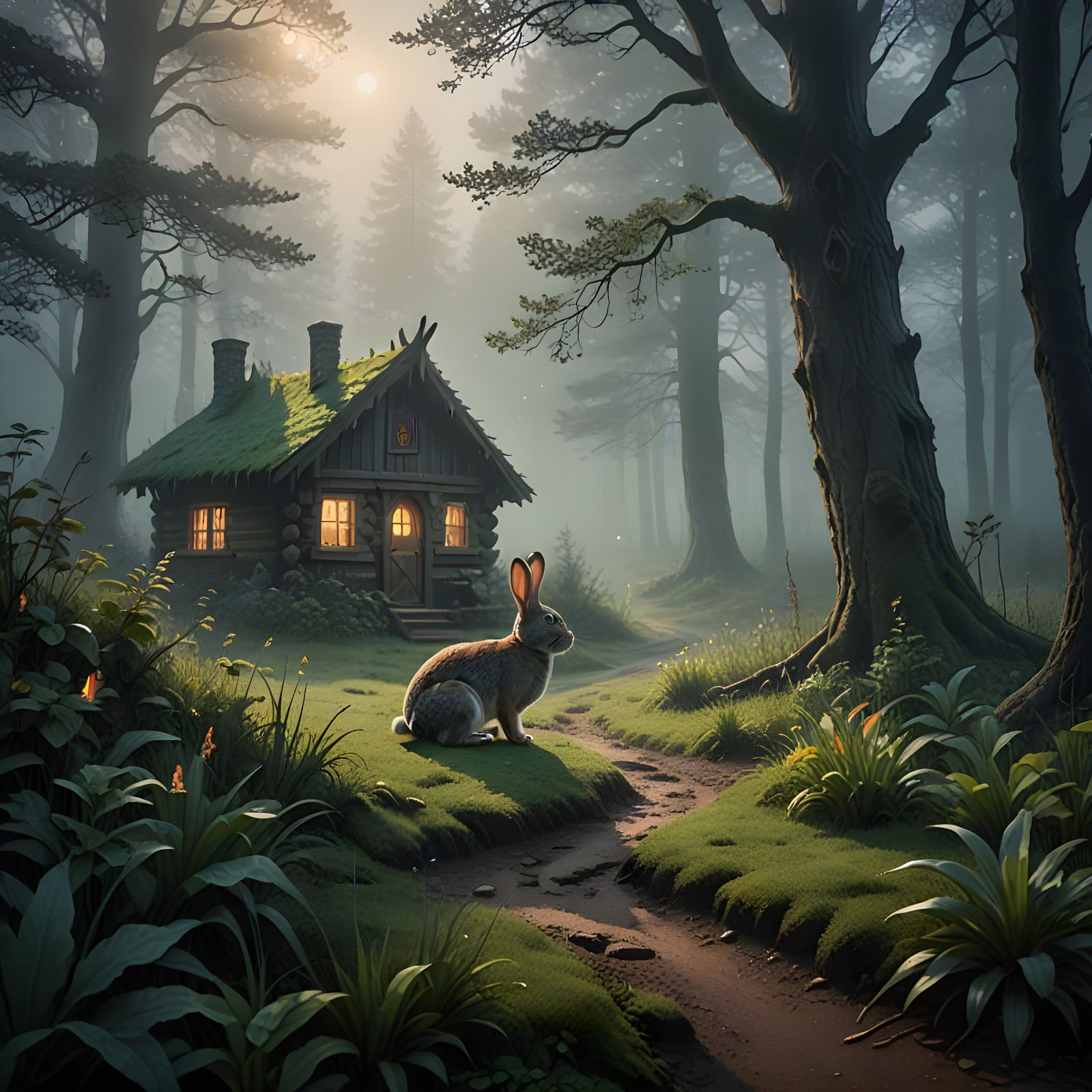 Enchanted Forest Foggy Morning with Rustic Cabin and Rabbit