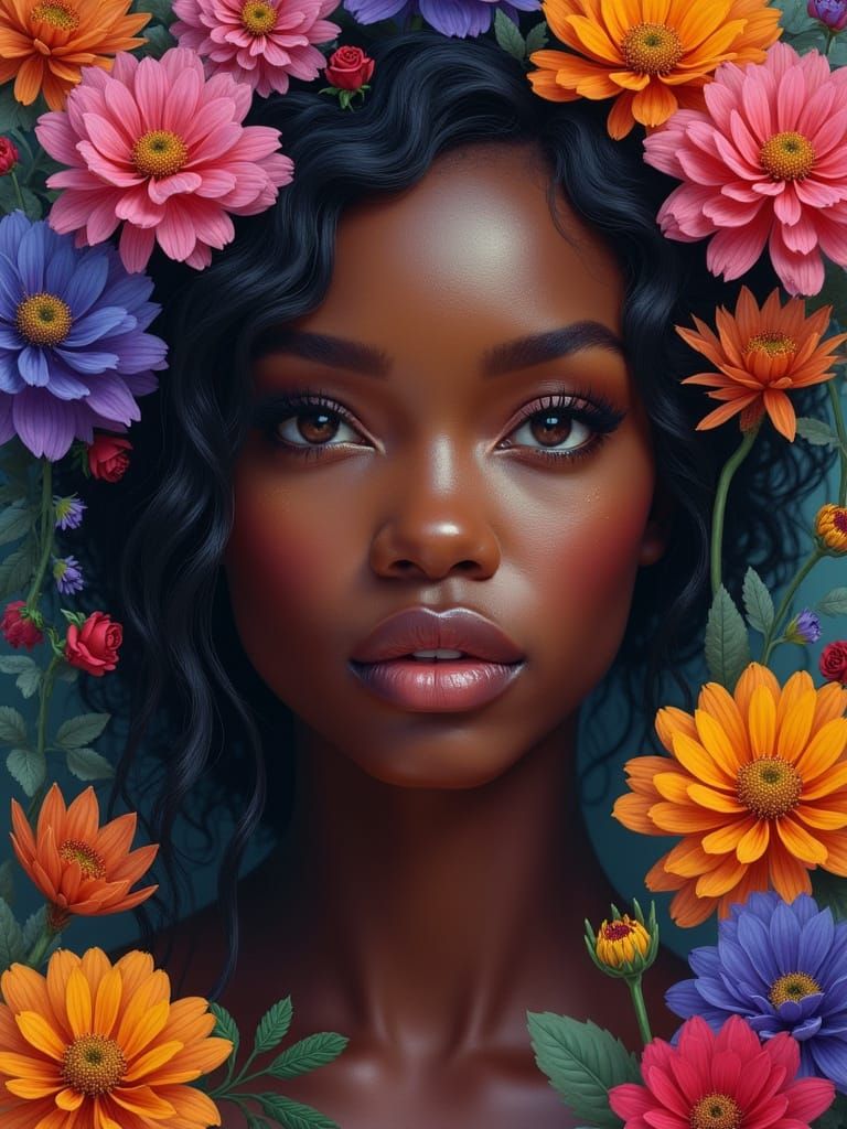 Enchanting Black Woman in Vibrant Floral Surround