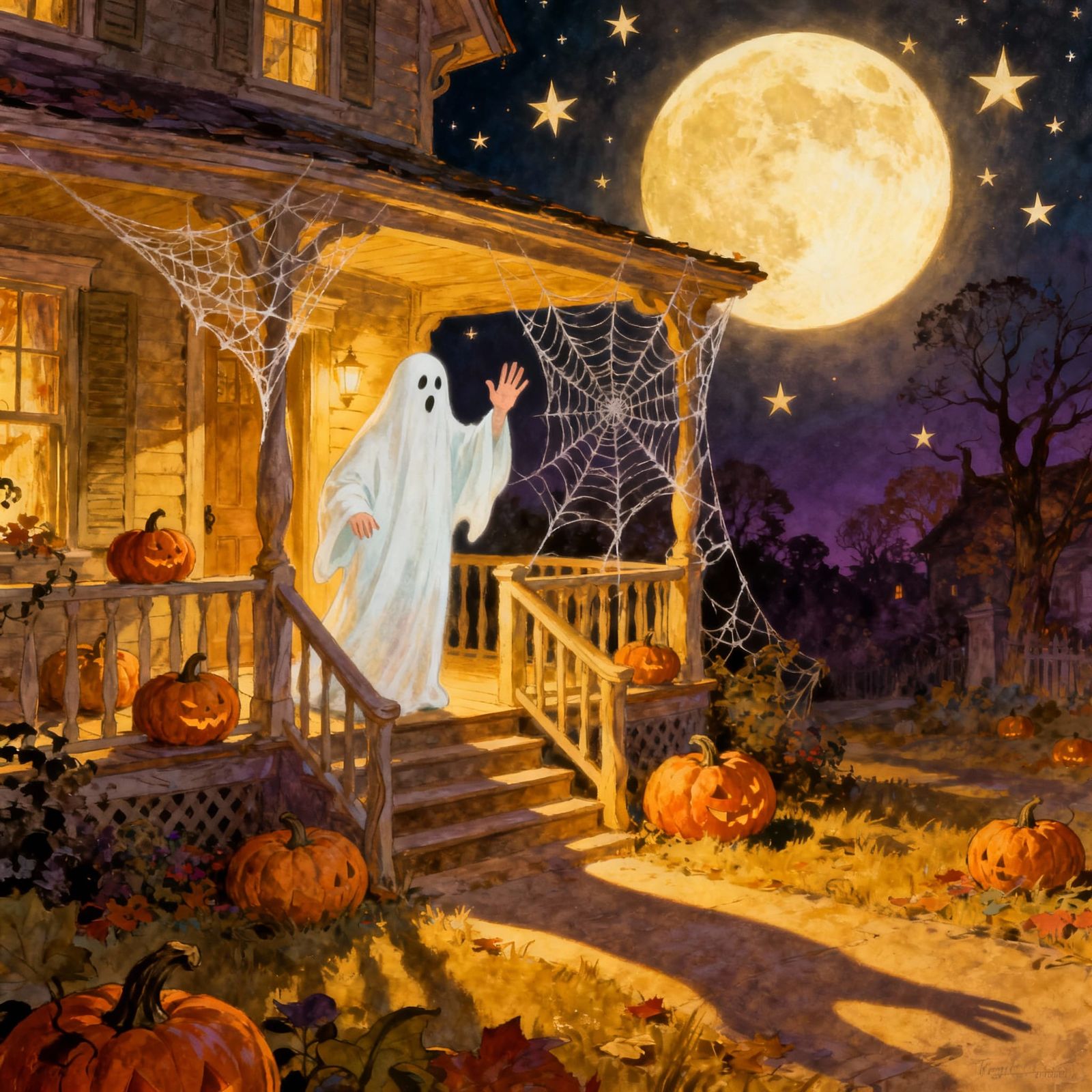 Vibrant Vintage Halloween Whimsy With Friendly Ghost