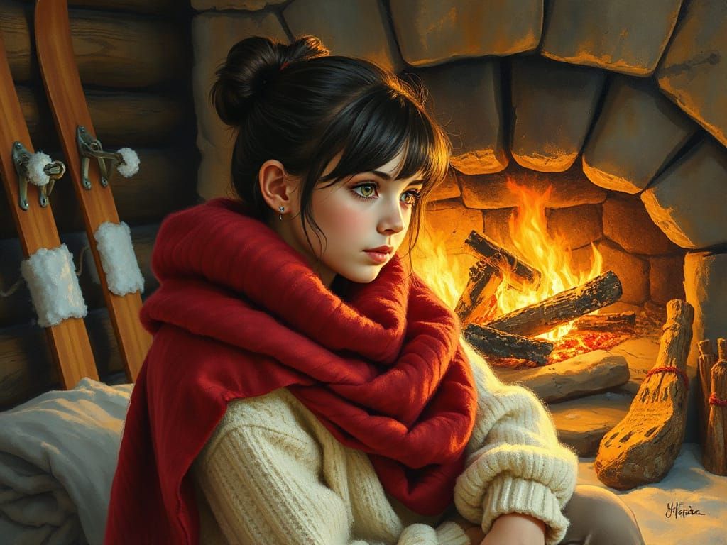 Cozy Cabin Scene with Warm Firelight