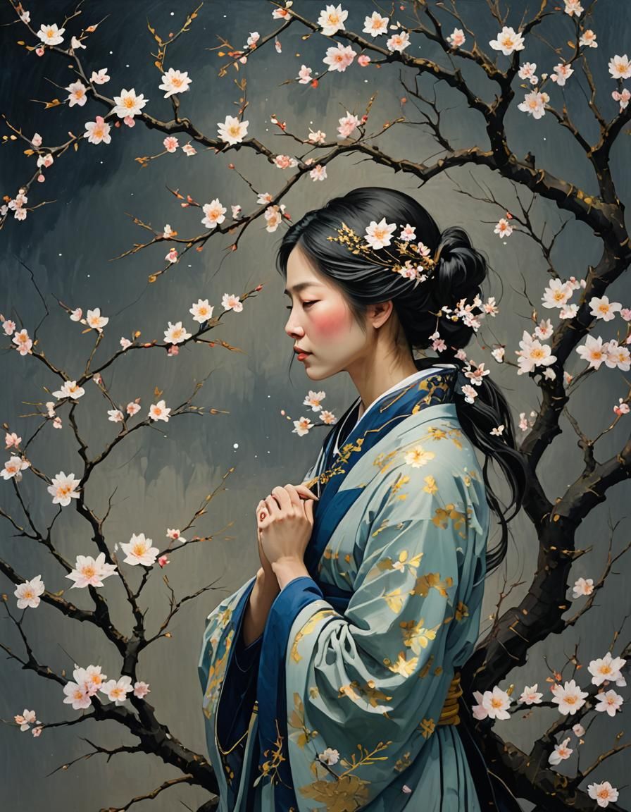 Haunted Beauty Waits for Spring: Kintsugi Impasto Art