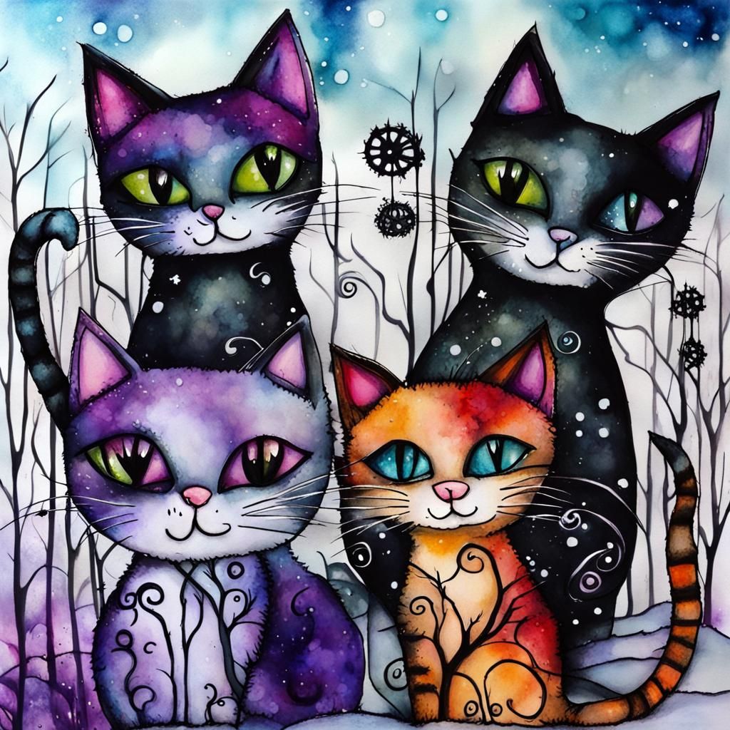 Whimsical Goth Cats in Winter with Alcohol Inks