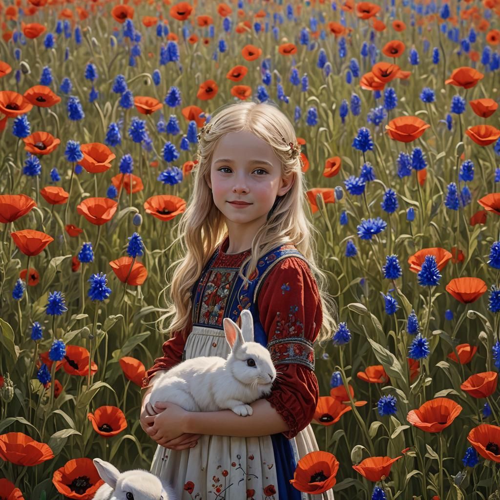 Girl with Rabbit in Poppy Field, Klimt Style