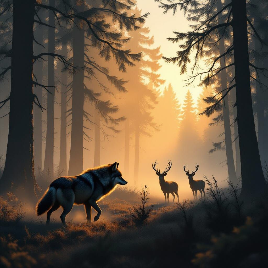 Wolves Chasing Deer in Misty Forest with Golden Light