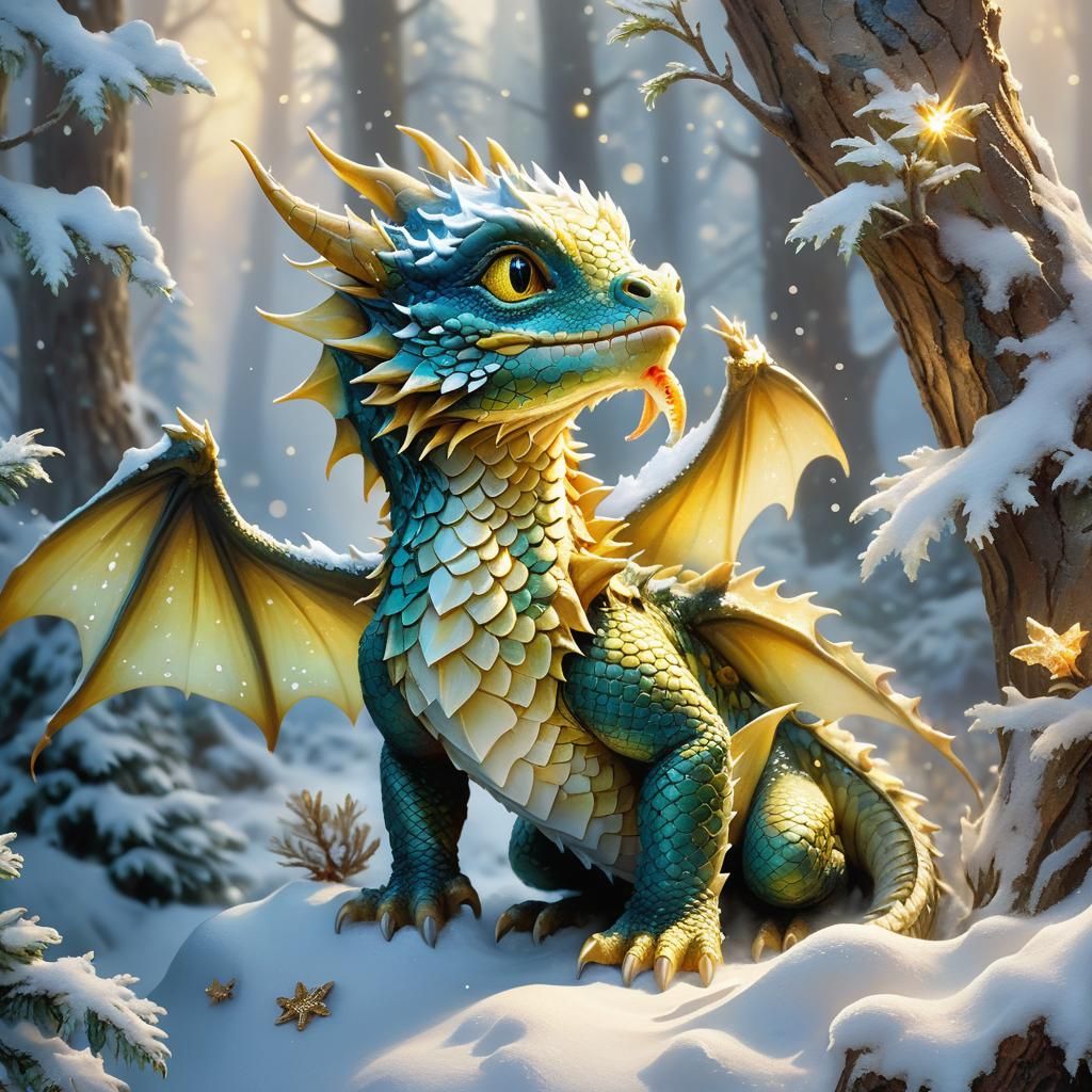 Baby Dragon in Snowy Forest: Fantasy Realism
