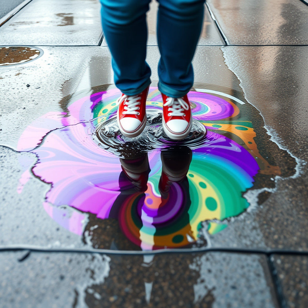Girl Splashing in Puddle Reflecting Digital Art