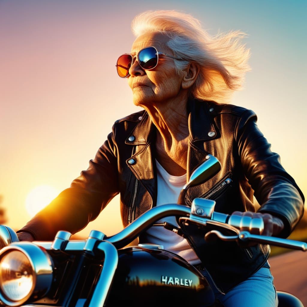 Young Grandma Rides Harley in Vibrant Digital Art