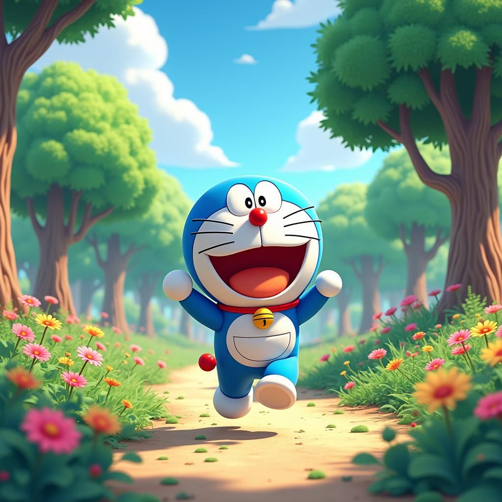 Doraemon Runs Joyfully Through a Lush Park