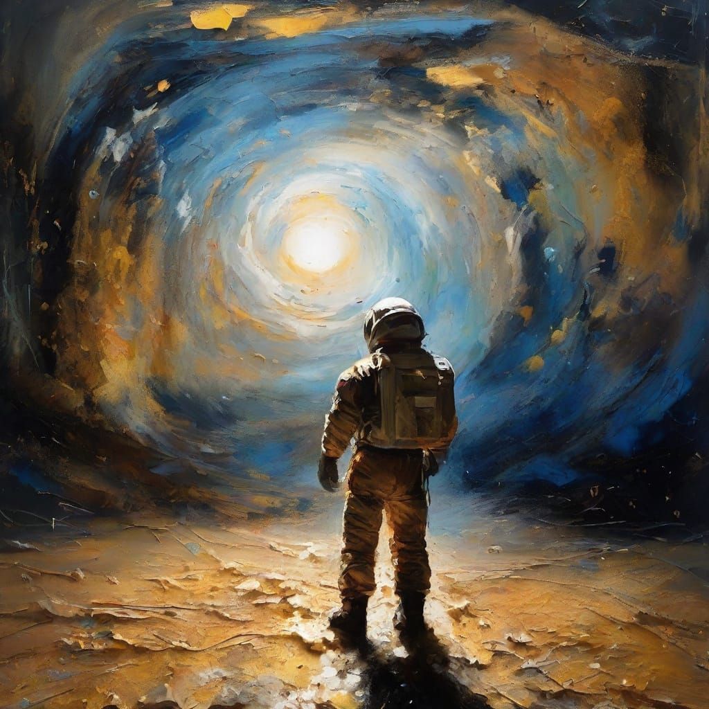 Lone Astronaut on Desolate Planet as Abstract Expressionism