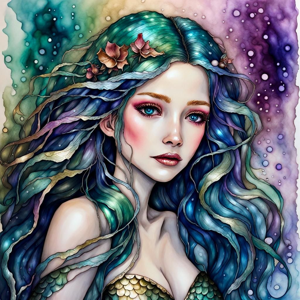 Ethereal Metallic Mermaid in Fantasy Illustration Style