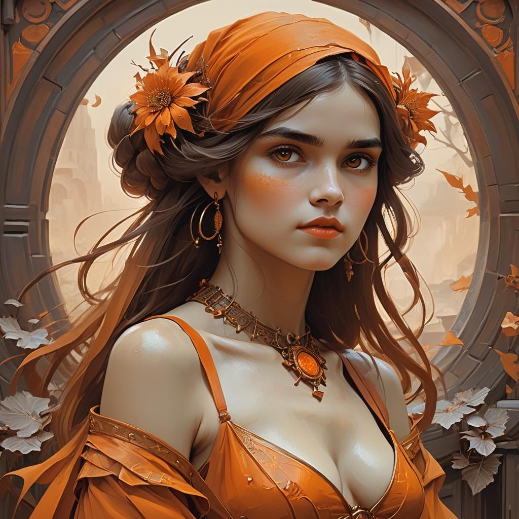 Monochromatic Orange Portrait in Pre-Raphaelite Style