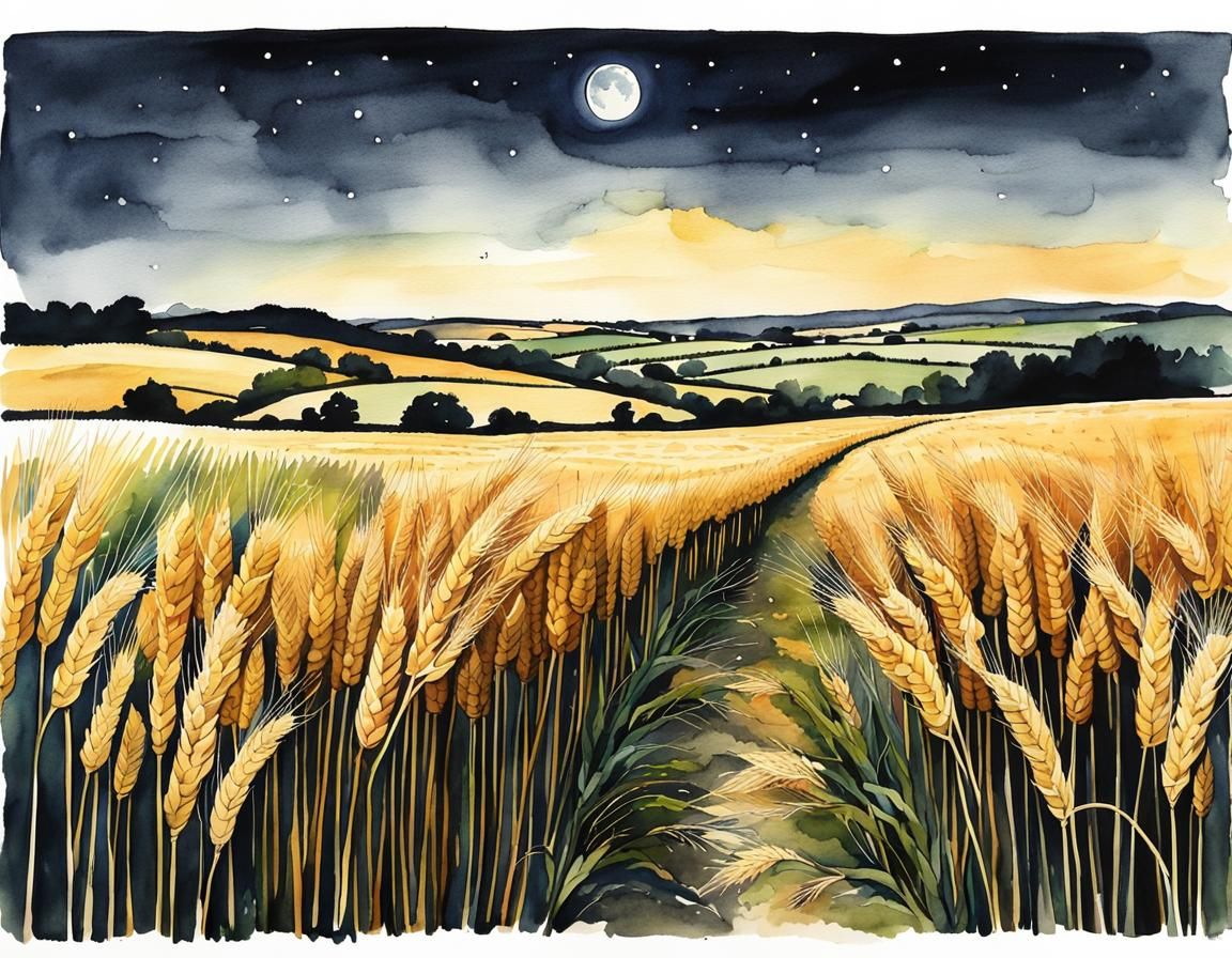 Full Moon Over Wheat Fields in Watercolor
