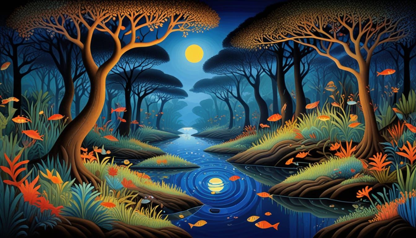 Ethereal Mangrove Forest Scene in Vibrant, Whimsical Style