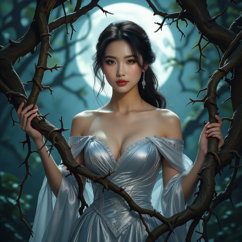 Asian Woman Bound by Thorny Roots in Mystical Forest
