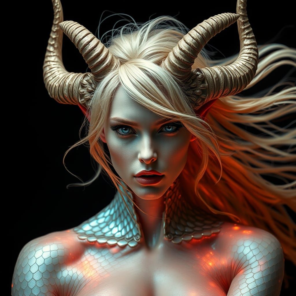 Regal Demoness with Golden Hair and Horns