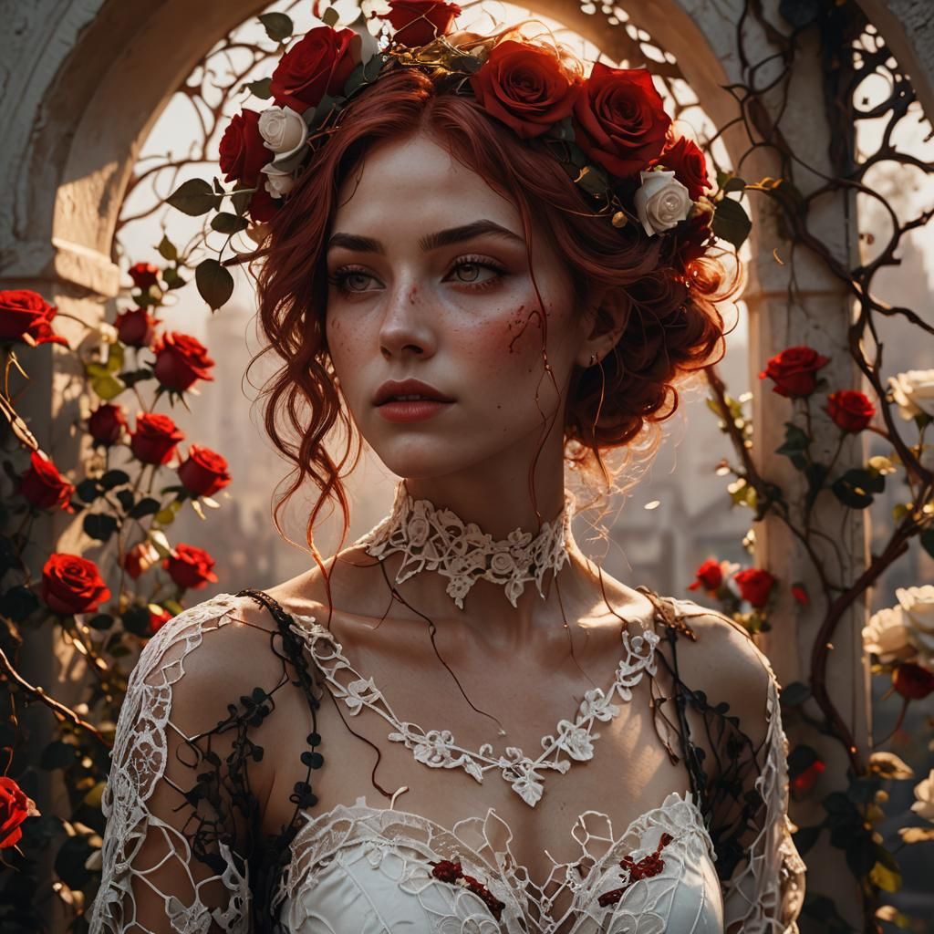 Woman with Roses: Hyperrealistic Surreal Portrait