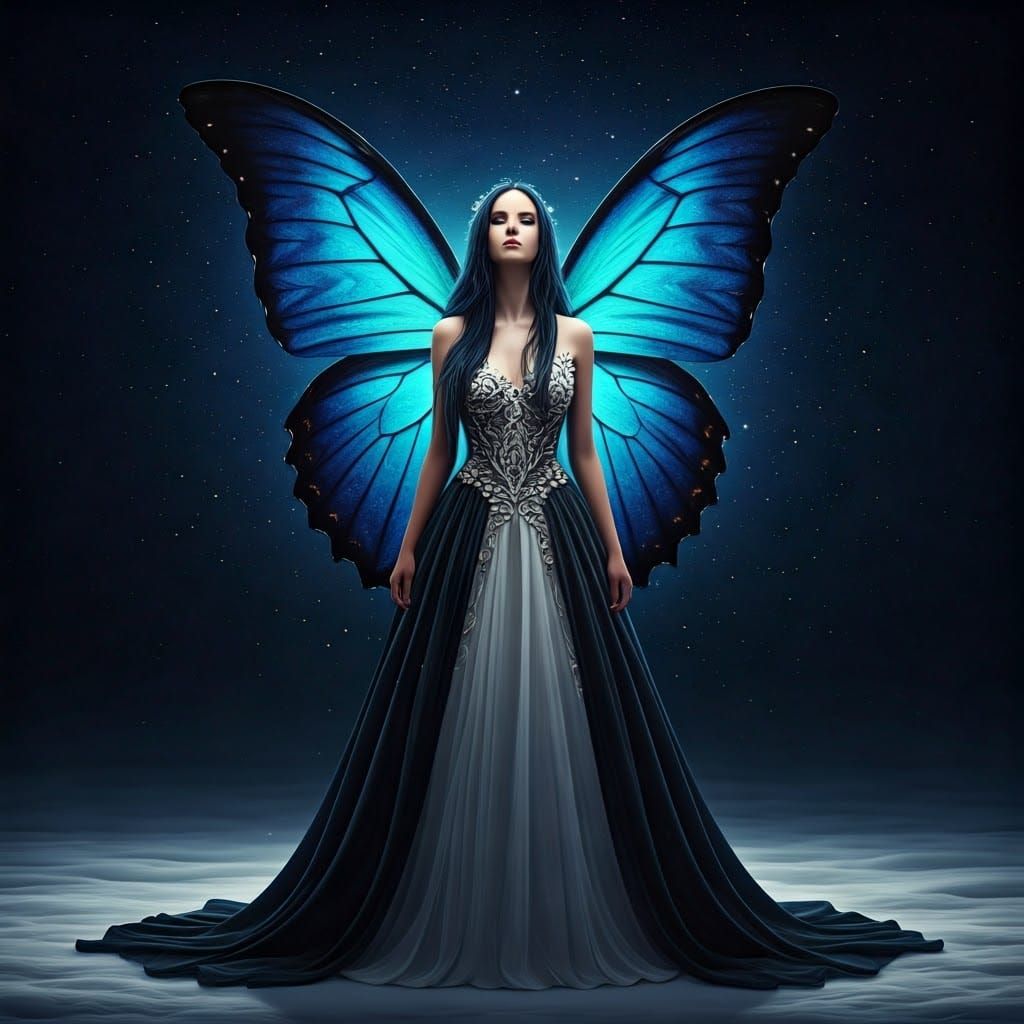 Fairytale Character with Butterfly Wings in Snowy Landscape