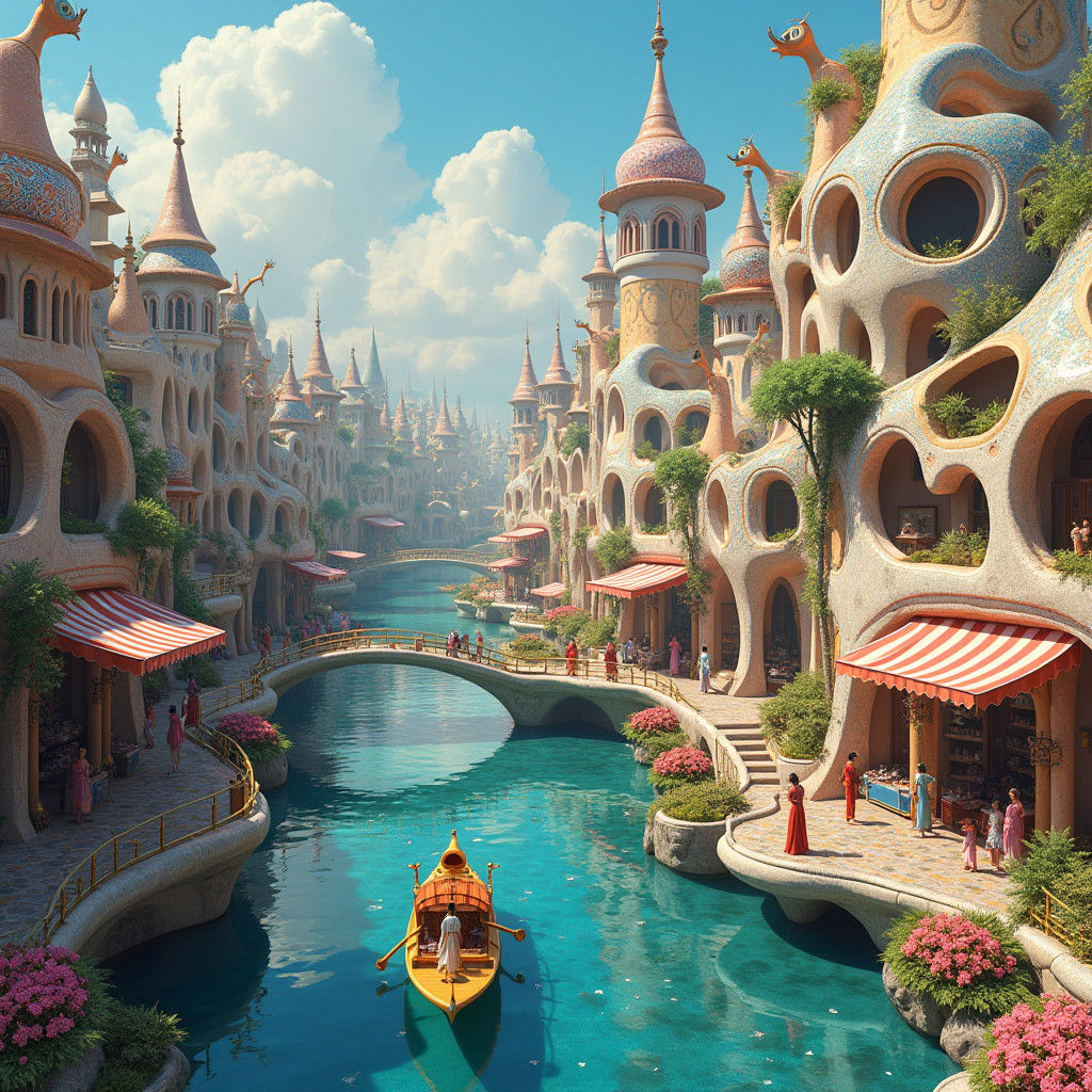 Surreal River City Inspired by Gaudí Architecture
