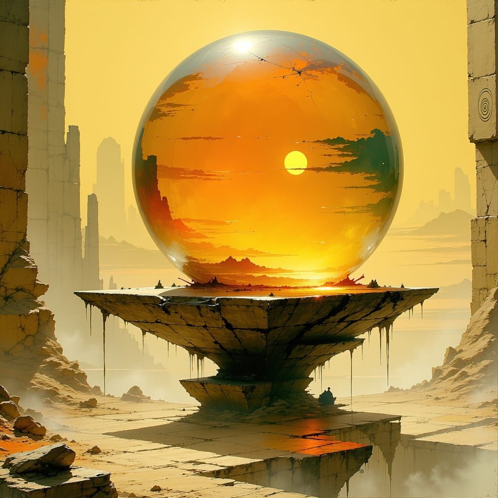 Futuristic Alien Orb in Desert Ruins