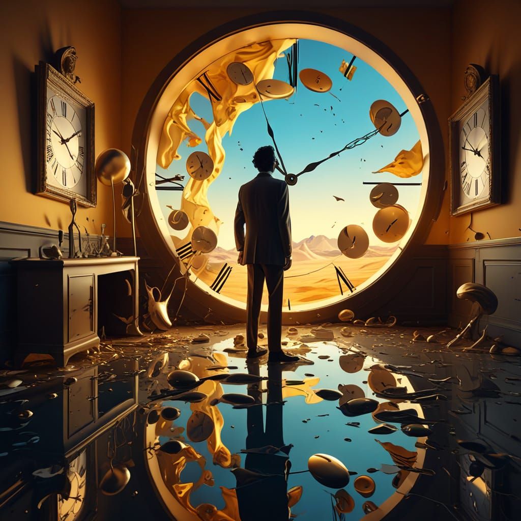 Surreal Dreamscape with Melting Clocks in Golden Hour