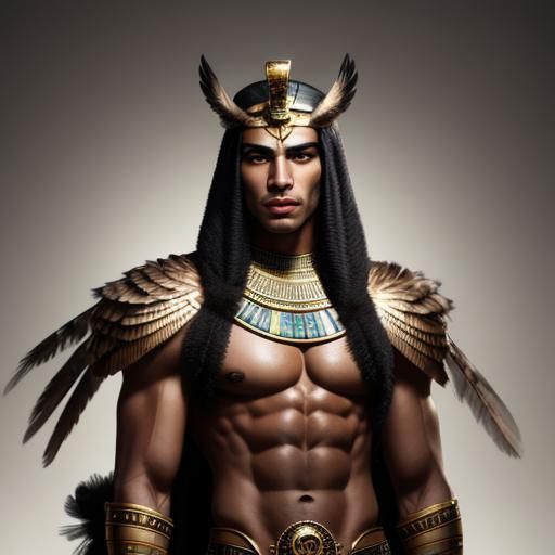 Young muscular egyptian man, with owl feathers